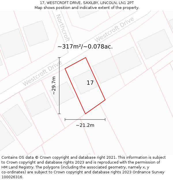 17, WESTCROFT DRIVE, SAXILBY, LINCOLN, LN1 2PT: Plot and title map
