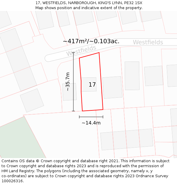 17, WESTFIELDS, NARBOROUGH, KING'S LYNN, PE32 1SX: Plot and title map