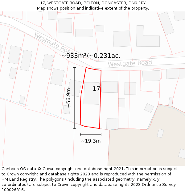 17, WESTGATE ROAD, BELTON, DONCASTER, DN9 1PY: Plot and title map