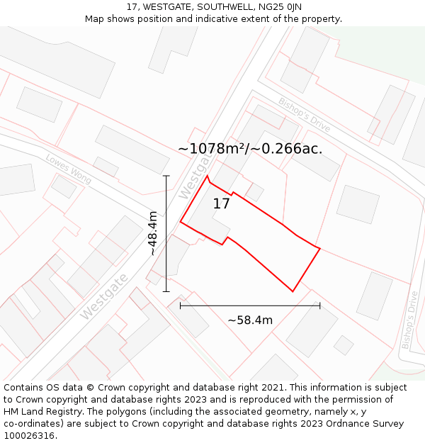 17, WESTGATE, SOUTHWELL, NG25 0JN: Plot and title map