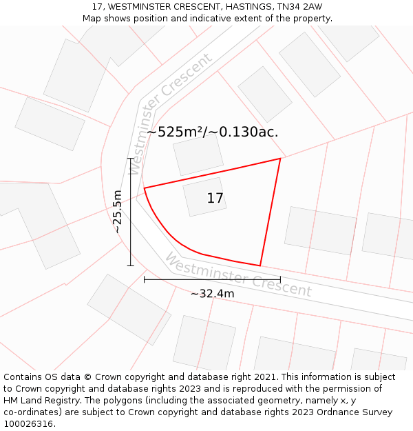 17, WESTMINSTER CRESCENT, HASTINGS, TN34 2AW: Plot and title map