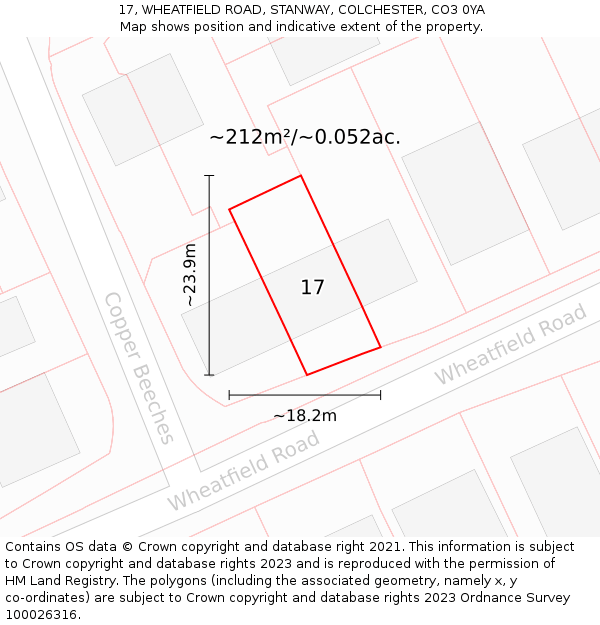 17, WHEATFIELD ROAD, STANWAY, COLCHESTER, CO3 0YA: Plot and title map
