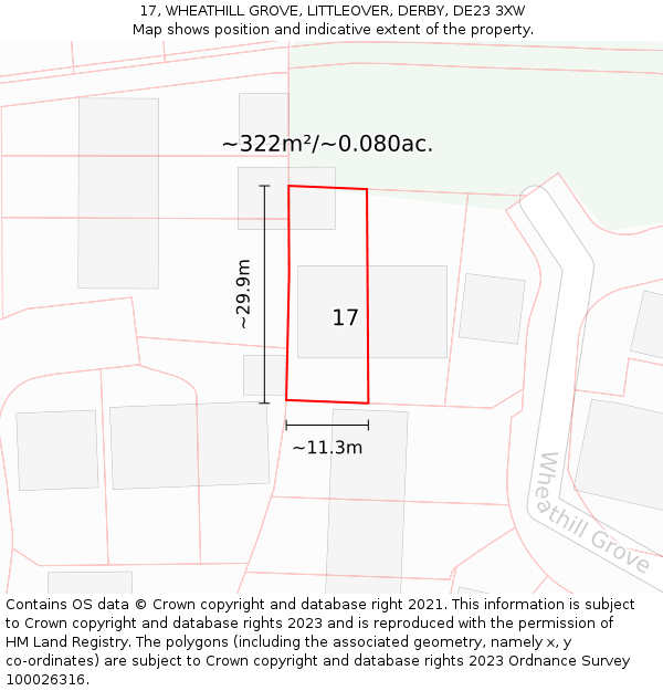 17, WHEATHILL GROVE, LITTLEOVER, DERBY, DE23 3XW: Plot and title map