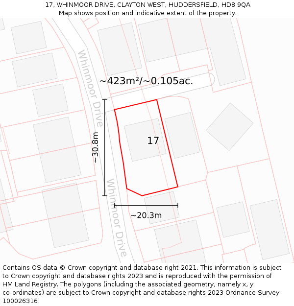 17, WHINMOOR DRIVE, CLAYTON WEST, HUDDERSFIELD, HD8 9QA: Plot and title map
