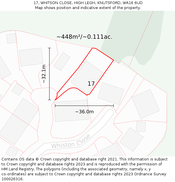 17, WHITSON CLOSE, HIGH LEGH, KNUTSFORD, WA16 6UD: Plot and title map