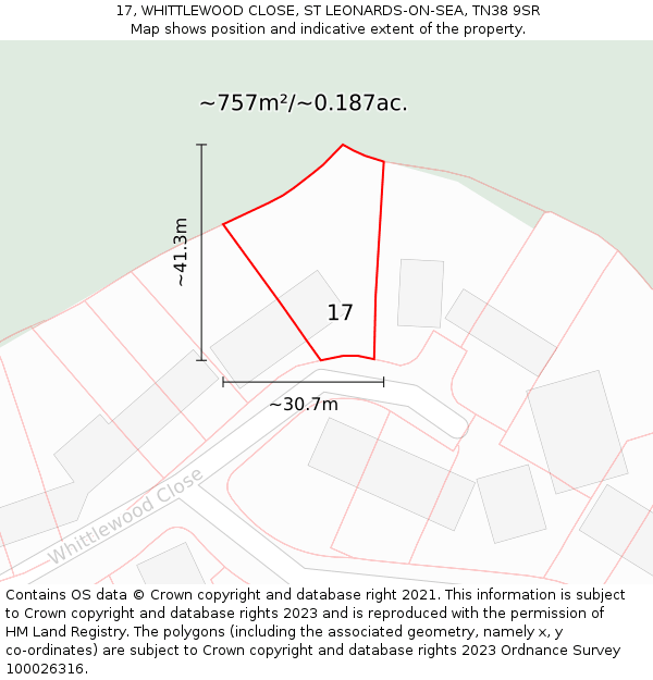 17, WHITTLEWOOD CLOSE, ST LEONARDS-ON-SEA, TN38 9SR: Plot and title map