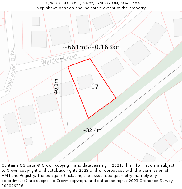 17, WIDDEN CLOSE, SWAY, LYMINGTON, SO41 6AX: Plot and title map