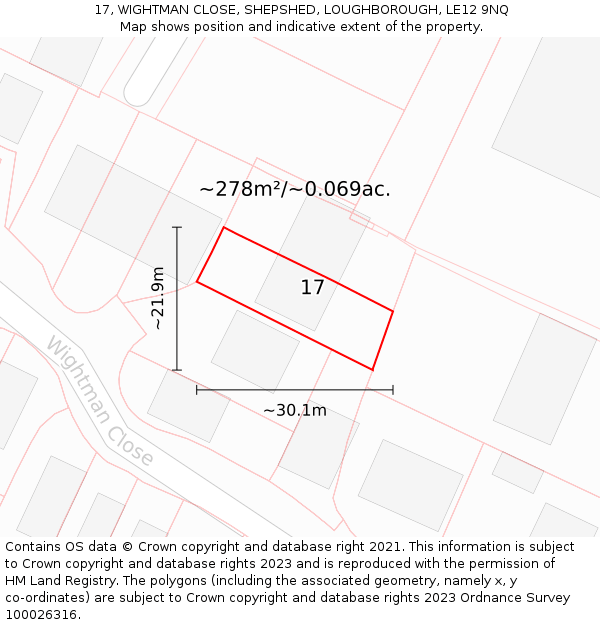 17, WIGHTMAN CLOSE, SHEPSHED, LOUGHBOROUGH, LE12 9NQ: Plot and title map