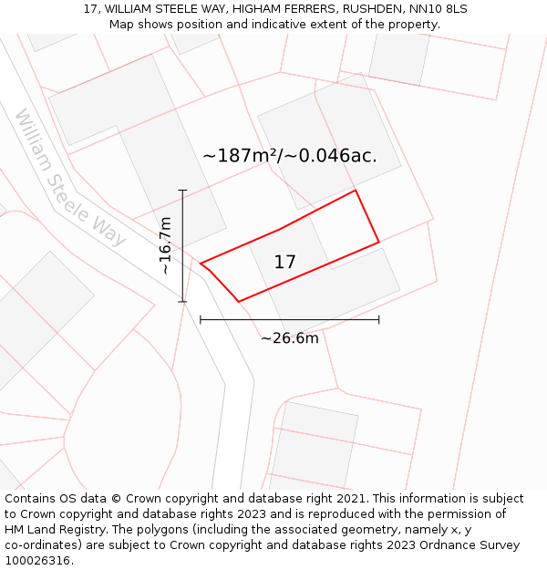 17, WILLIAM STEELE WAY, HIGHAM FERRERS, RUSHDEN, NN10 8LS: Plot and title map
