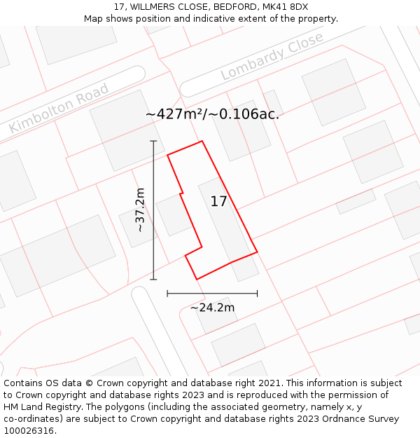 17, WILLMERS CLOSE, BEDFORD, MK41 8DX: Plot and title map
