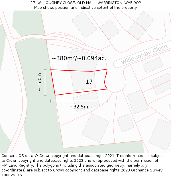 17, WILLOUGHBY CLOSE, OLD HALL, WARRINGTON, WA5 9QP: Plot and title map