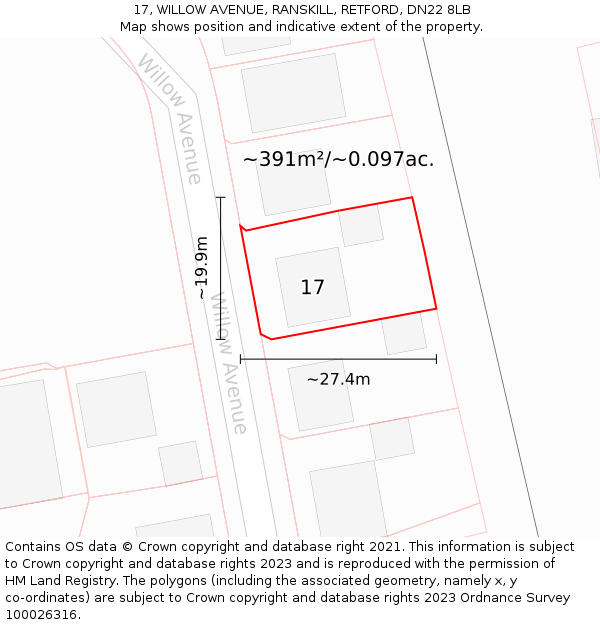 17, WILLOW AVENUE, RANSKILL, RETFORD, DN22 8LB: Plot and title map