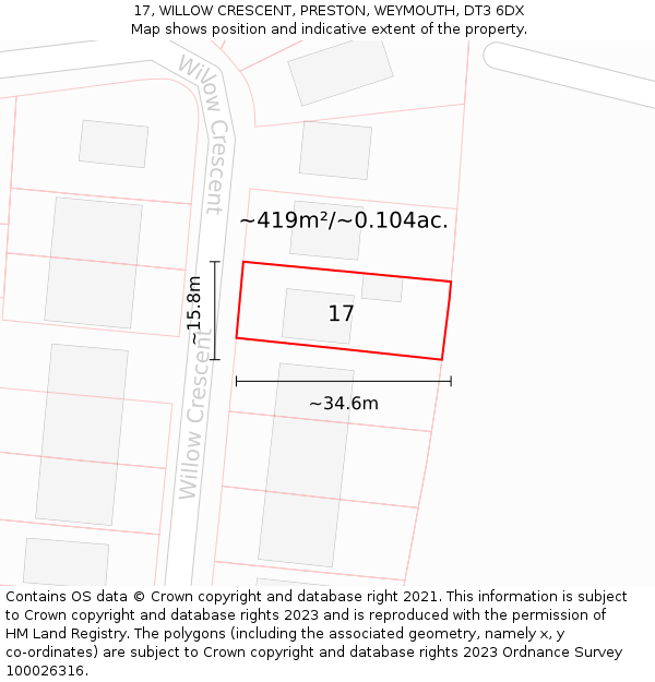 17, WILLOW CRESCENT, PRESTON, WEYMOUTH, DT3 6DX: Plot and title map