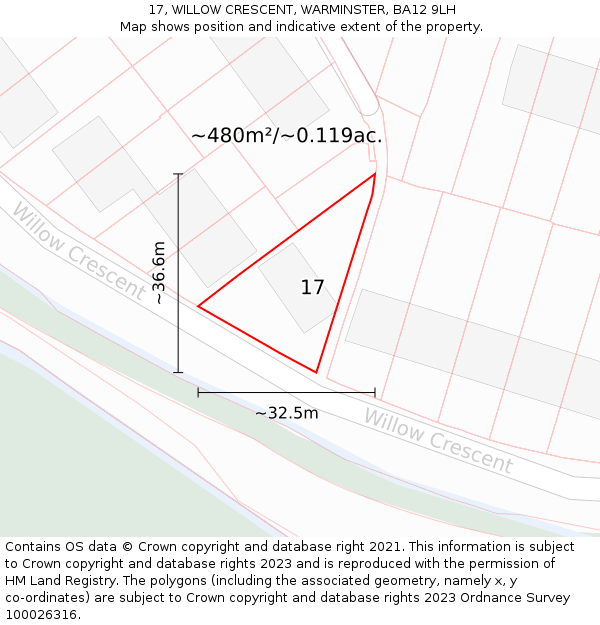 17, WILLOW CRESCENT, WARMINSTER, BA12 9LH: Plot and title map