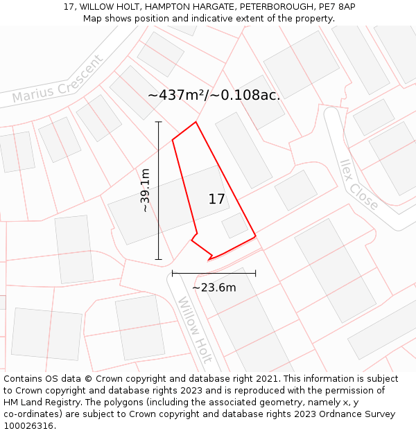 17, WILLOW HOLT, HAMPTON HARGATE, PETERBOROUGH, PE7 8AP: Plot and title map