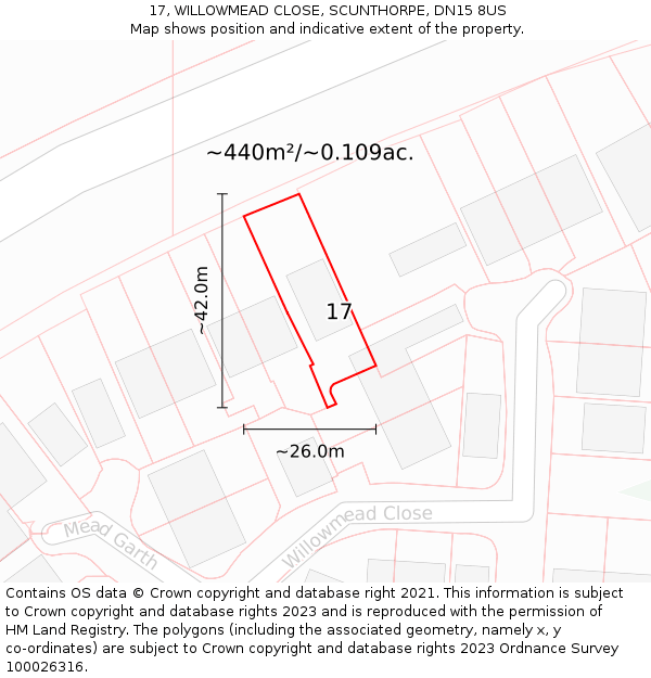 17, WILLOWMEAD CLOSE, SCUNTHORPE, DN15 8US: Plot and title map