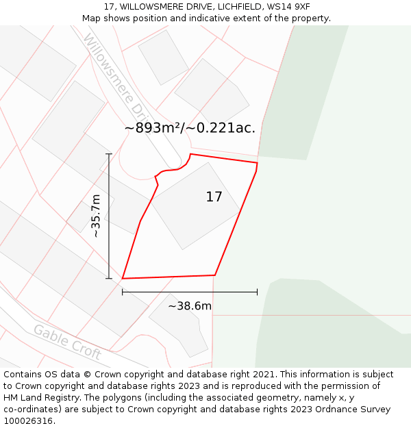 17, WILLOWSMERE DRIVE, LICHFIELD, WS14 9XF: Plot and title map