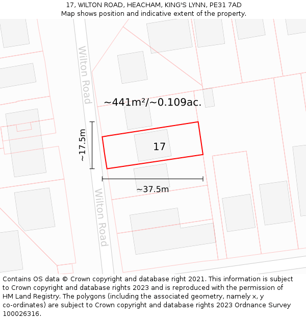 17, WILTON ROAD, HEACHAM, KING'S LYNN, PE31 7AD: Plot and title map