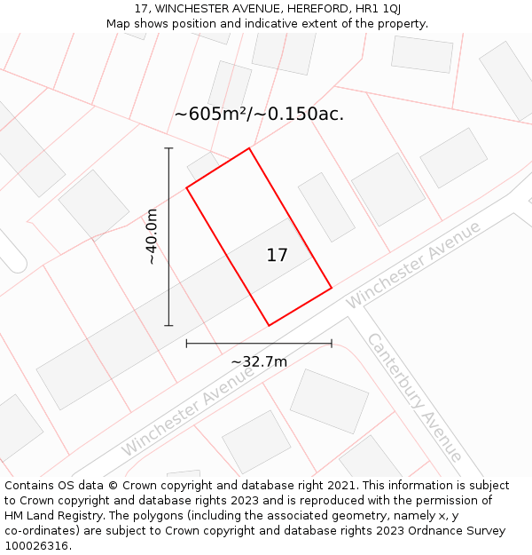 17, WINCHESTER AVENUE, HEREFORD, HR1 1QJ: Plot and title map