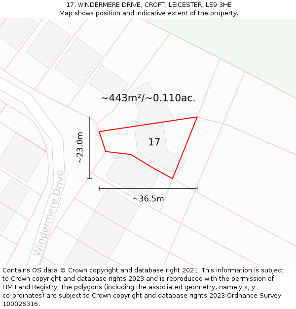 17, WINDERMERE DRIVE, CROFT, LEICESTER, LE9 3HE: Plot and title map