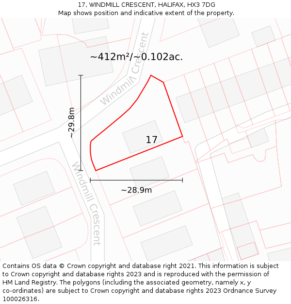 17, WINDMILL CRESCENT, HALIFAX, HX3 7DG: Plot and title map