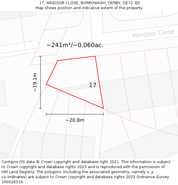 17, WINDSOR CLOSE, BORROWASH, DERBY, DE72 3JS: Plot and title map