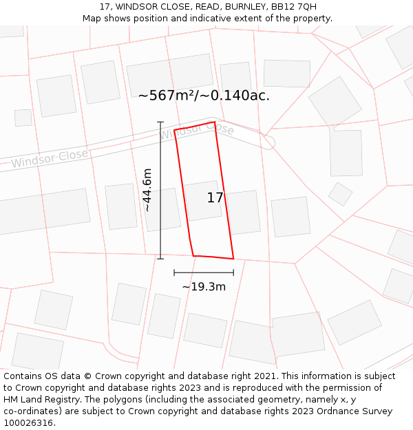 17, WINDSOR CLOSE, READ, BURNLEY, BB12 7QH: Plot and title map