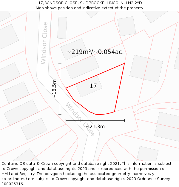 17, WINDSOR CLOSE, SUDBROOKE, LINCOLN, LN2 2YD: Plot and title map