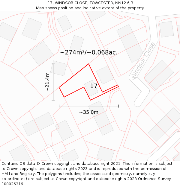 17, WINDSOR CLOSE, TOWCESTER, NN12 6JB: Plot and title map