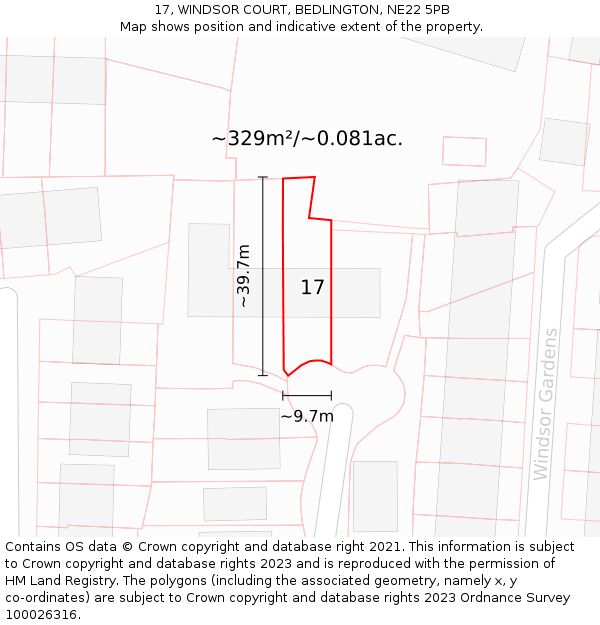 17, WINDSOR COURT, BEDLINGTON, NE22 5PB: Plot and title map