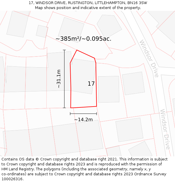 17, WINDSOR DRIVE, RUSTINGTON, LITTLEHAMPTON, BN16 3SW: Plot and title map