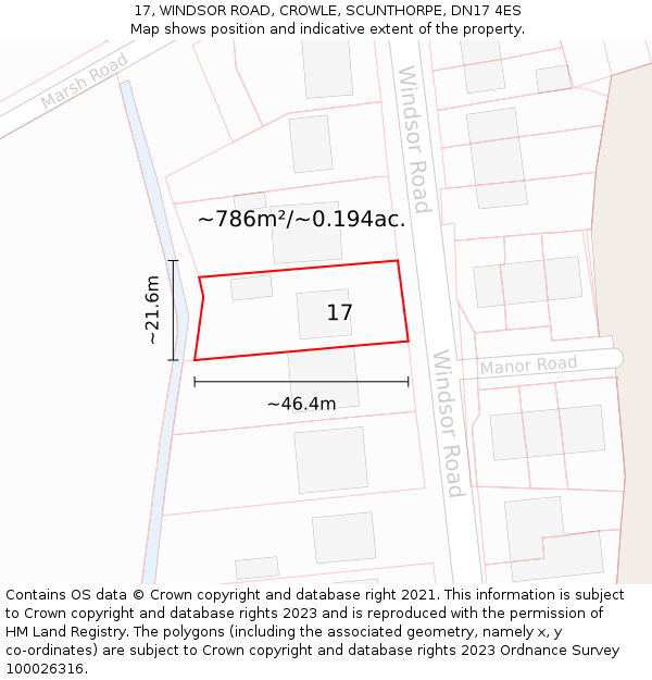 17, WINDSOR ROAD, CROWLE, SCUNTHORPE, DN17 4ES: Plot and title map