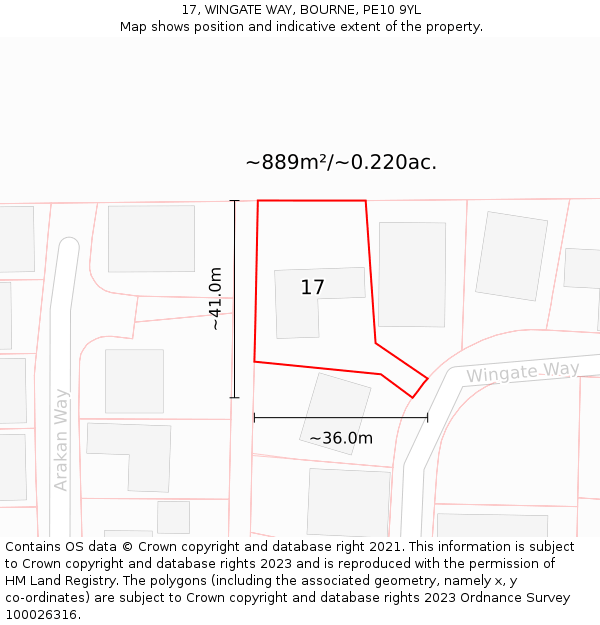 17, WINGATE WAY, BOURNE, PE10 9YL: Plot and title map