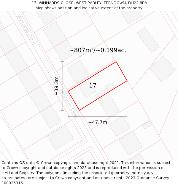 17, WINNARDS CLOSE, WEST PARLEY, FERNDOWN, BH22 8PA: Plot and title map