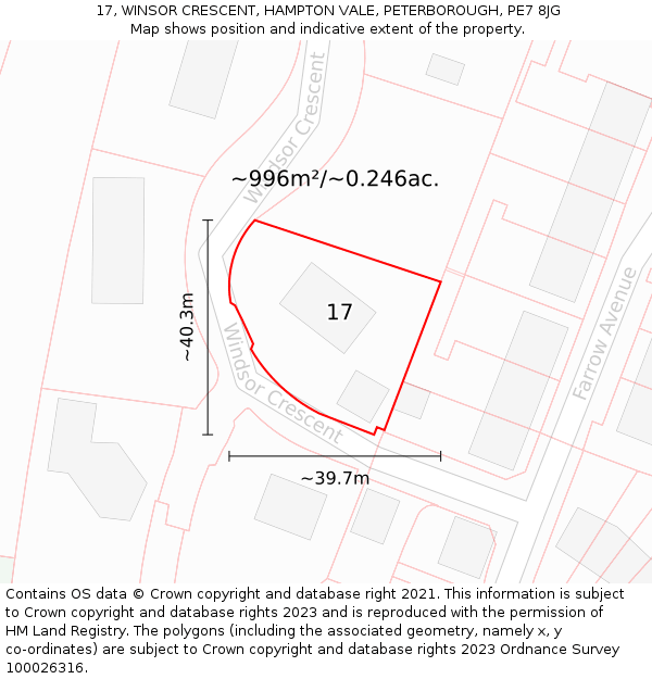 17, WINSOR CRESCENT, HAMPTON VALE, PETERBOROUGH, PE7 8JG: Plot and title map