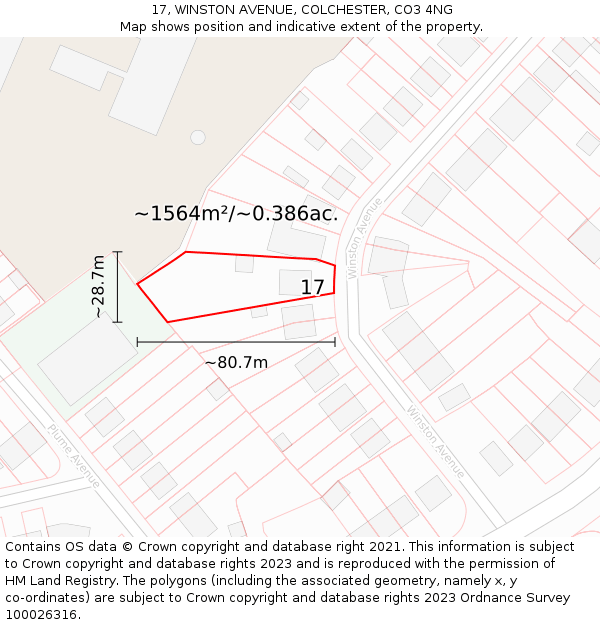 17, WINSTON AVENUE, COLCHESTER, CO3 4NG: Plot and title map