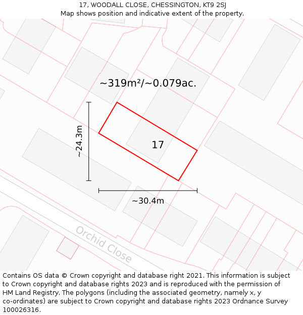 17, WOODALL CLOSE, CHESSINGTON, KT9 2SJ: Plot and title map