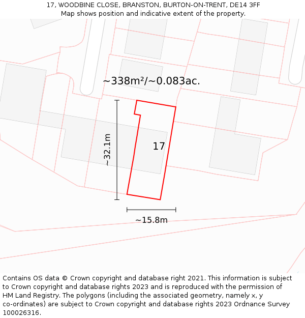 17, WOODBINE CLOSE, BRANSTON, BURTON-ON-TRENT, DE14 3FF: Plot and title map