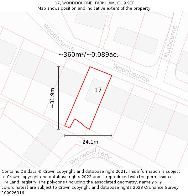 17, WOODBOURNE, FARNHAM, GU9 9EF: Plot and title map
