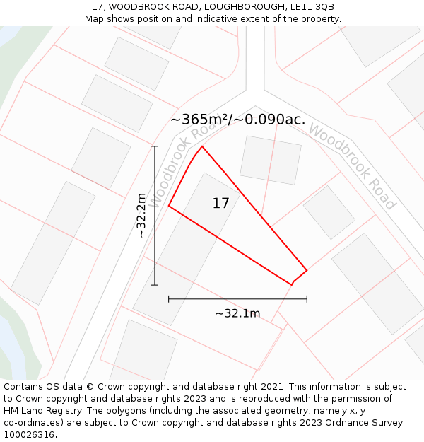 17, WOODBROOK ROAD, LOUGHBOROUGH, LE11 3QB: Plot and title map