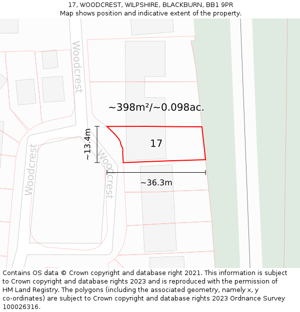 17, WOODCREST, WILPSHIRE, BLACKBURN, BB1 9PR: Plot and title map