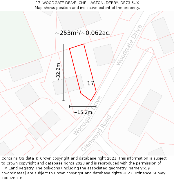 17, WOODGATE DRIVE, CHELLASTON, DERBY, DE73 6UX: Plot and title map