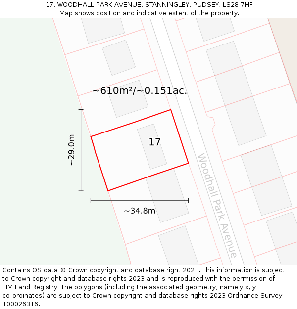 17, WOODHALL PARK AVENUE, STANNINGLEY, PUDSEY, LS28 7HF: Plot and title map