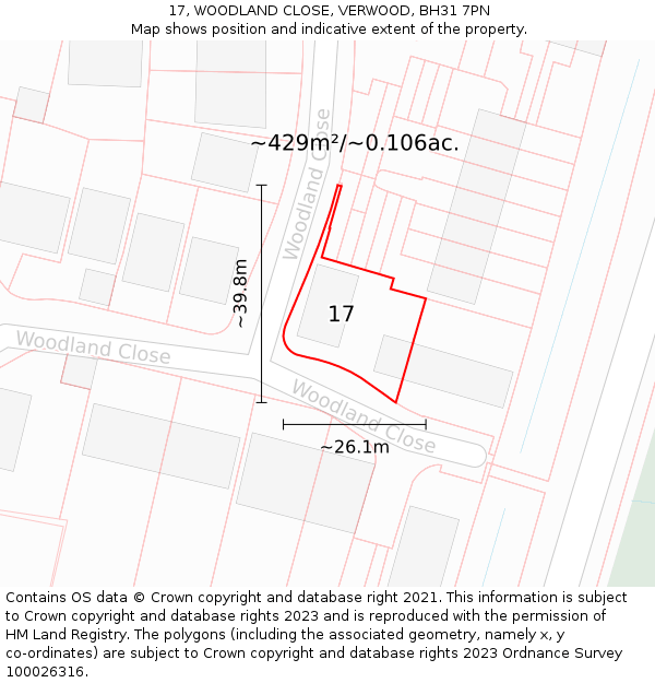 17, WOODLAND CLOSE, VERWOOD, BH31 7PN: Plot and title map