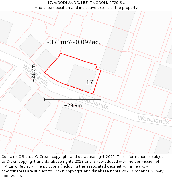 17, WOODLANDS, HUNTINGDON, PE29 6JU: Plot and title map