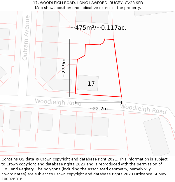 17, WOODLEIGH ROAD, LONG LAWFORD, RUGBY, CV23 9FB: Plot and title map