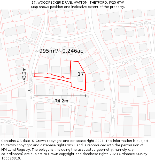 17, WOODPECKER DRIVE, WATTON, THETFORD, IP25 6TW: Plot and title map
