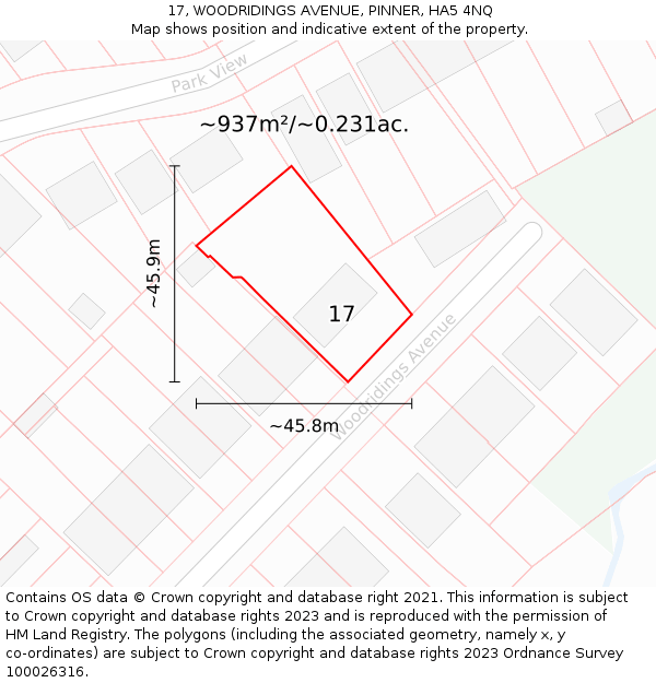 17, WOODRIDINGS AVENUE, PINNER, HA5 4NQ: Plot and title map