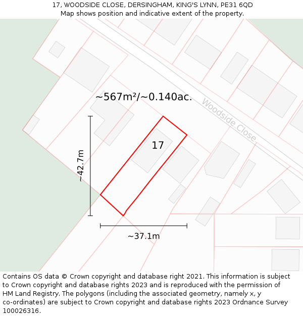17, WOODSIDE CLOSE, DERSINGHAM, KING'S LYNN, PE31 6QD: Plot and title map