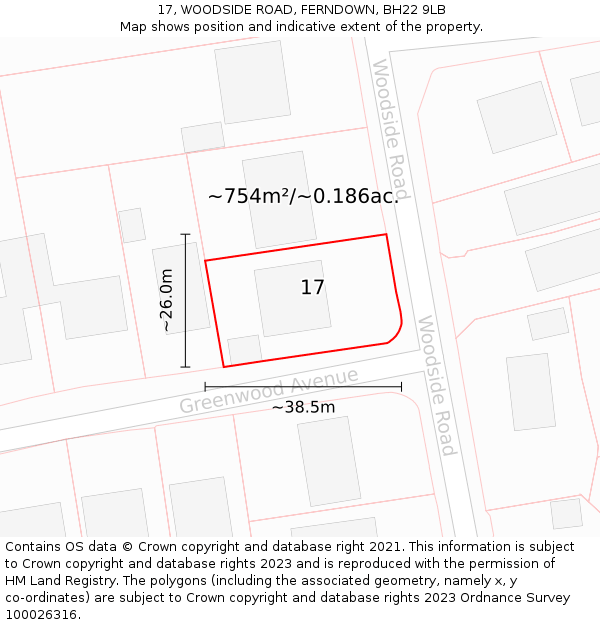 17, WOODSIDE ROAD, FERNDOWN, BH22 9LB: Plot and title map
